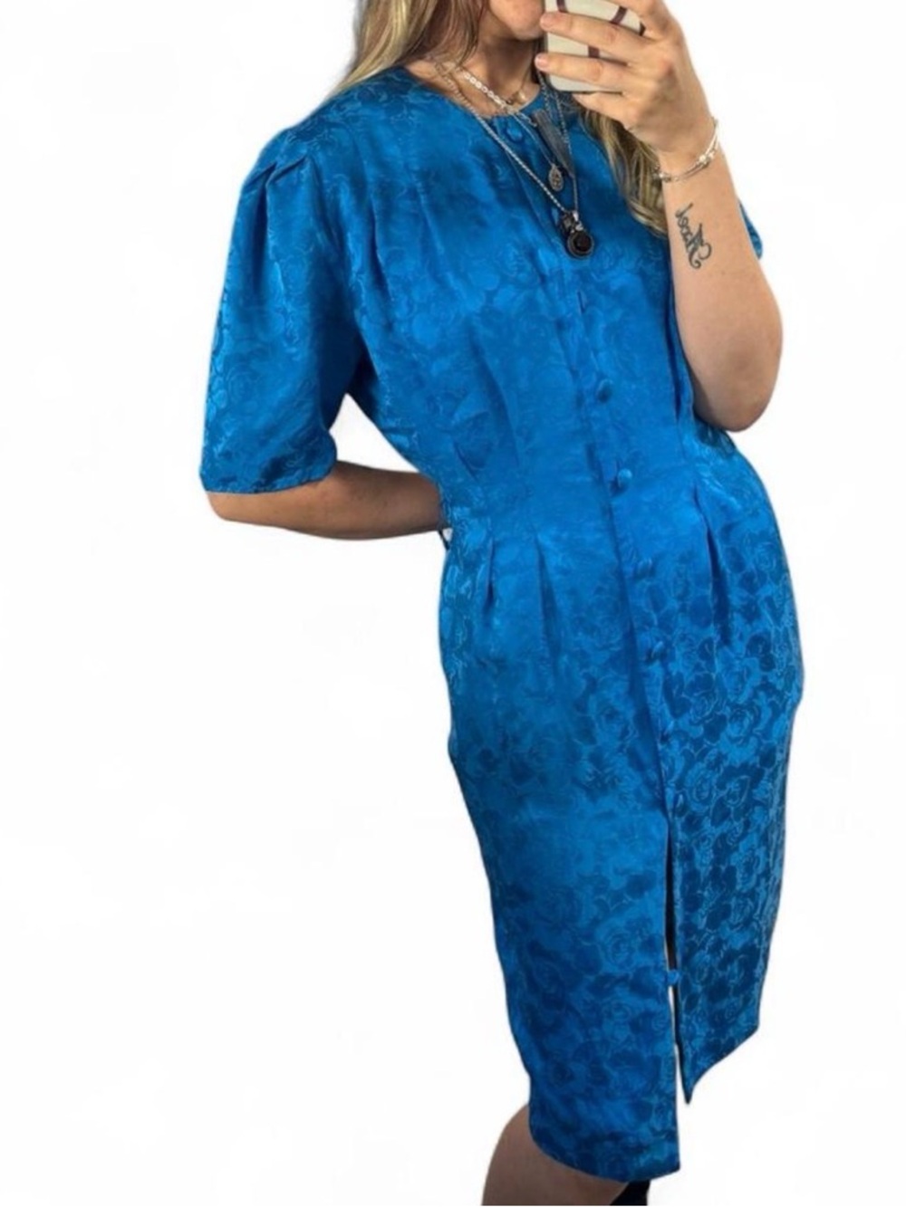 Vintage Adrianna Papell Electric Blue 100% Silk Floral Jacquard Midi Dress - Picture 2 of 8